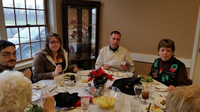Smith Gathering: Fall at Nicoles 12-06-14 Table 1 partial
L to R: Jane Curtiss Watkin (head only); David Wendell (friend of Abigail); Abigail Parmelee; Jim Parmelee; Miriam Smith Parmelee
