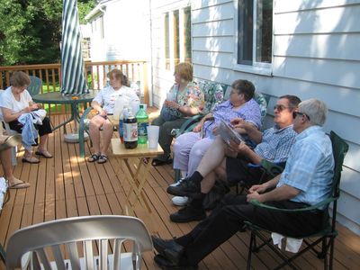 Dave Smith and Family Visit.  At the Glazers
At home with Mark, Mary, and Eli.  L to R: Grandma Jan holding Eli, Mary Higham Glazer, Sheri Diefenbacher, Evelyn Grinnell Smith, Dave Smith, Clive Diefenbacher
