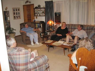 Dave Smith and Family Visit Singing at Home
More harmonizing.  L to R: Clive, Evelyn, Sheri, Dave, and Jan at the Highams
