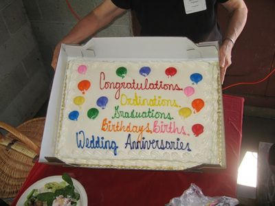 Reunion 2010
The Cake.  Celebrating:  Birthdays - Jack, 75th; Joe, 50th; Ann, 45th; Jane and Loan, 40th; Kimberley, 15th; Eli, 1st; 
Weddings - Betty and Bob, 50th; Jim and Peg, 25th; 
Births - Tessa Elise Sorrells, dau. of  Karl and Heidi Smith Sorrells;
Graduations - Jane, Ph.D., UAlb; Katie, MS, D'Youville; Andrew Foley, AAS, BroomeCC; Florie Parmelee, AAS, Hudson Valley CC;
Ordinations - Richard Sauerzopf,  to the priesthood, Episcopal Church, Lansing, MI
