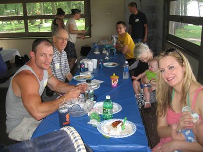 Reunion 2013 VBSP
Clockwise from left: Bill Tousant; Steven Smith; Arlene Glasier Smith, holding Bella Tousant; Rebecca Smith Tousant, feeding Blake Tousant 
