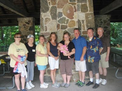 Reunion 2014 Green Lakes S.P.
L to R: Mary Higham Glazer; Jan Mack Higham; Sue Higham Foley; Ann Higham Hughes; Jane Higham, holding Audriann Glazer; Jim Higham; Joe Higham; Jack Higham
Missing from photo (out walking the trails): Joan Higham Entwistle
