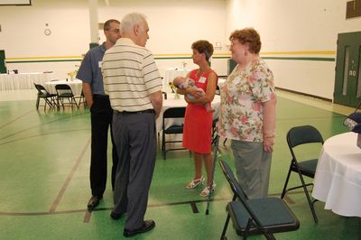 Sunday Party at OLS School
Guests: Art Glazer talks to Betty Sauerzopf.  Mark Glazer, Peg Higham, holding Eli Glazer
