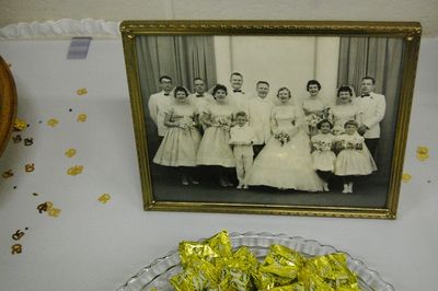 Sunday Party at OLS School
Photo albums:  Jack and Jan's wedding photo. L to R: Bill Kirkland; Nancy Stanley (Howey); James Pennington; Mary Cay Crawford (Heuhn); (standing in front, Donald Paukett; Bill Smith; Jack Higham; Jan Mack Higham; Marion Schoonhover (Tillis); (Standing in front) Barbara Mack (Perkins) and Debbie Fanning (Carlone); Betty Higham (Sauerzopf); Joe Mack
