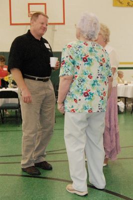 Sunday Party at OLS School
Guests: John Higham talks to Eileen Fanning.  Roberta Neu (hidden).
