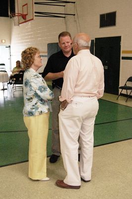 Sunday Party at OLS School
Guests: Godparents Mary and Tom D'Angelo talk with John Higham
