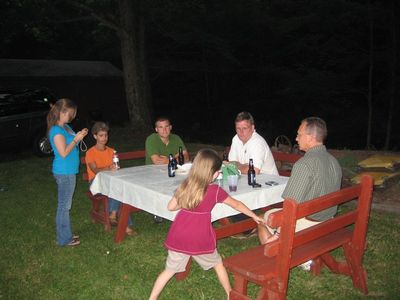 Friday/Saturday Breakfast and Picnic
Picnic: Night at the Picnic Table with Katie and Peg Higham; Andy and Ted Foley; Ben Hughes (Julia Higham back to camera)
