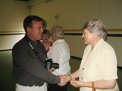 Sunday Party at OLS School
Guests: Joe Higham greets Echo Road neighbor Louisa Matula
