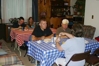 Friday/Saturday Breakfast and Picnic
Picnic: Moved indoors due to rain.  L to R: (Background) Jake and Cathy Foster Higham; (Foreground) Andy Foley; Jack Higham; Sue Higham Foley
