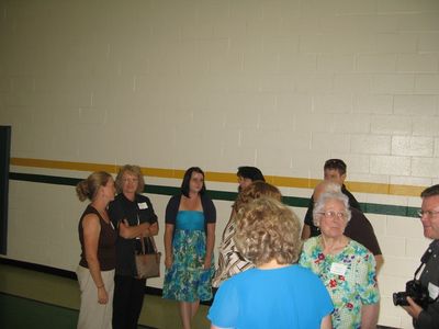 Sunday Party at OLS School
Guests: Fanning Family greeted by Highams: L to R: Ann Higham Hughes; Cindy Fanning Knowlton; Amy Knowlton; Pam Fanning Chappell; Greg Chappell; (Foreground back to camera) Debbie Fanning Carlone; Jane Higham (hidden); Eileen Mack Fanning; Joe Higham
