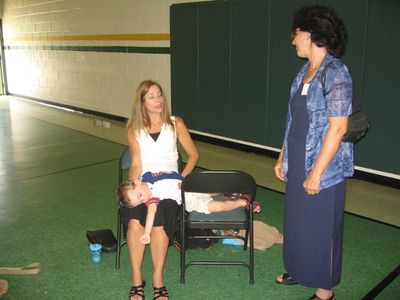 Sunday Party at OLS School
Guests: Aunt Cathy Foster Higham holds a sleeping Cole Entwistle.  Pat Fanning Livingston looks on.
