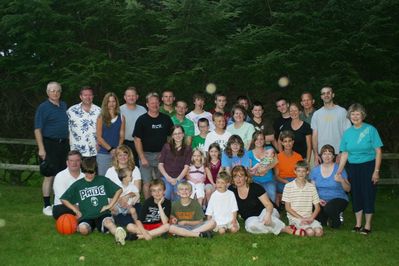 Friday/Saturday Breakfast and Picnic
Picnic: The Higham Family Children, Spouses, Grandchildren and Grandma and Grandpa
Front, L to R: Ted Foley; Tim Awad; Joan. Cole, Tyler and Justin Entwistle; Sam Hughes; Jane Higham; Riley Hughes; Mary Higham Glazer; Mom, Jan Mack Higham
Seated: Rachel, Madison, Julia, Laurel, and Katie Higham (holding Eli Glazer); Margaret Bills Higham;
Standing front: Cathy Foster Higham; James, David and Thomas Higham; Joe Hughes; Susan Higham Foley; Nicholas Higham; Ann Higham Hughes; Mark Glazer;
Standing rear: Dad, Jack Higham; Joseph and John Higham; Andrew Foley; Andrew Awad; Arik Foley; Daniel Higham; Jacob Higham; Ben Hughes

