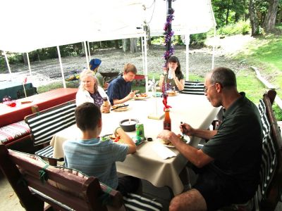 Dining on the Patio under tent
Clockwise from R: Mark Glazer; Eli Glazer; Grandma Jan; Riley Hughes; Laurel Higham

