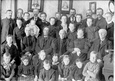 Curtiss Family
The Curtiss Family, circa 1900.  Pictures on Back Wall: Linus Curtiss; Nancy Bethenia Upson Curtiss    
Pictured are Descendants of Linus and Nancy; and Riley and Polly Woods Scoville  
Back Row, L to R: George William Seubert; Arthur Gamble; Angeline Curtiss Seubert (holding Paul Curtiss Seubert); Angus Sperry Gamble; Adeline Curtiss Gamble; Ella Comstock Curtiss; Lyman W. Curtiss; Ida Green Curtiss; Hiram Curtiss; Heman DeWitt Curtiss; Riley Ashbel Scoville;  
Third Row: Linus Andrew Seubert; Mary Elizabeth Seubert; Flora B. Curtiss; Ralph Wood Curtiss; Lizzie Woods Curtiss;  Second Row: Willard George Seubert; Elizabeth Woods Curtiss; William Wallace Curtiss; Nancy Charlotte Curtiss; Maria Upson Scoville; Samuel T. Woods Scoville;  
Bottom Row: Harry Carl Seubert; Christine Marguerite Curtiss; Leila Curtiss; Ward Leslie Curtiss; Julia Berthenia Seubert; Louese Berthena Curtiss; Maude Evelyn Curtiss; Clare Gamble
