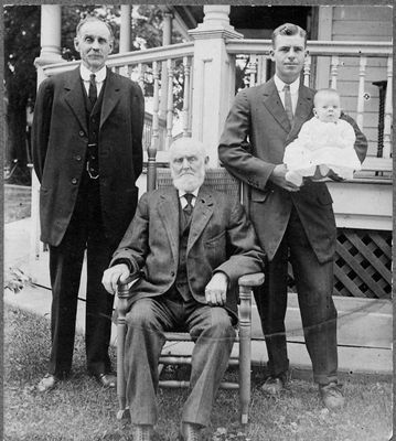 Smith Family
4 Generations of Smiths
Seated: Samuel Lewis Smith, 1822-1917;
Standing from left: Lucius Selden Smith, 1850-1936: Leland Louis Smith, 1886-1956, holding Merritt Curtiss Smith, 1913-1972
Photo probably taken in late summer 1913.
