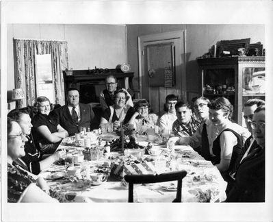 Higham / Smith Family
Family Gathering at the Ralph and Jane Smith Home, mid 50s
L to R: Nellie Higham Smith; Mildred Walker Higham; Roberta Smith; Wilfred Higham; Ralph Smith; Jane Higham Smith; Mary Arma Smith; Ruthanne Smith; David Smith; Steven Smith; Betty Higham; Merritt Smith; Alice Higham Bray.
Missing: Bill Smith; Jack Higham
Photo probably taken with camera timer by Wilfred
