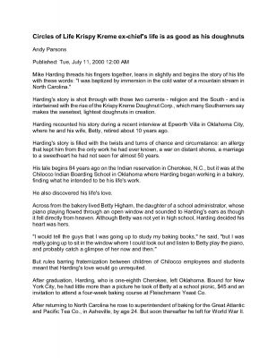 Krispy Kreme Connection, page 1
Mike Harding relates his life story in a newspaper interview, and his connection to Betty Higham, daughter of Charles William Higham.  This is page 1 of 3.
