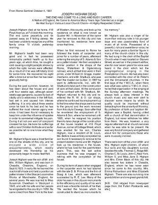 Joseph Higham 418 Floyd Avenue Obituary
The full obituary for Joseph Higham who died October 4, 1901.
The obituary was typed from the listing in the Rome Sentinel and obtained on Old Fulton Postcards web site.
Joseph was the builder of the house at 418 Floyd Avenue, Rome, NY, completing it in 1885.

He and Susanna lived in it for 16 years until his passing in 1901.
